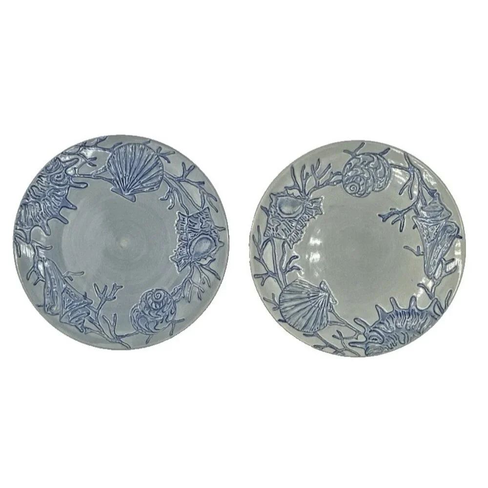 Pottery Barn Salad Plate Dessert Blue Shell Ocean Beach Coastal Coral  8